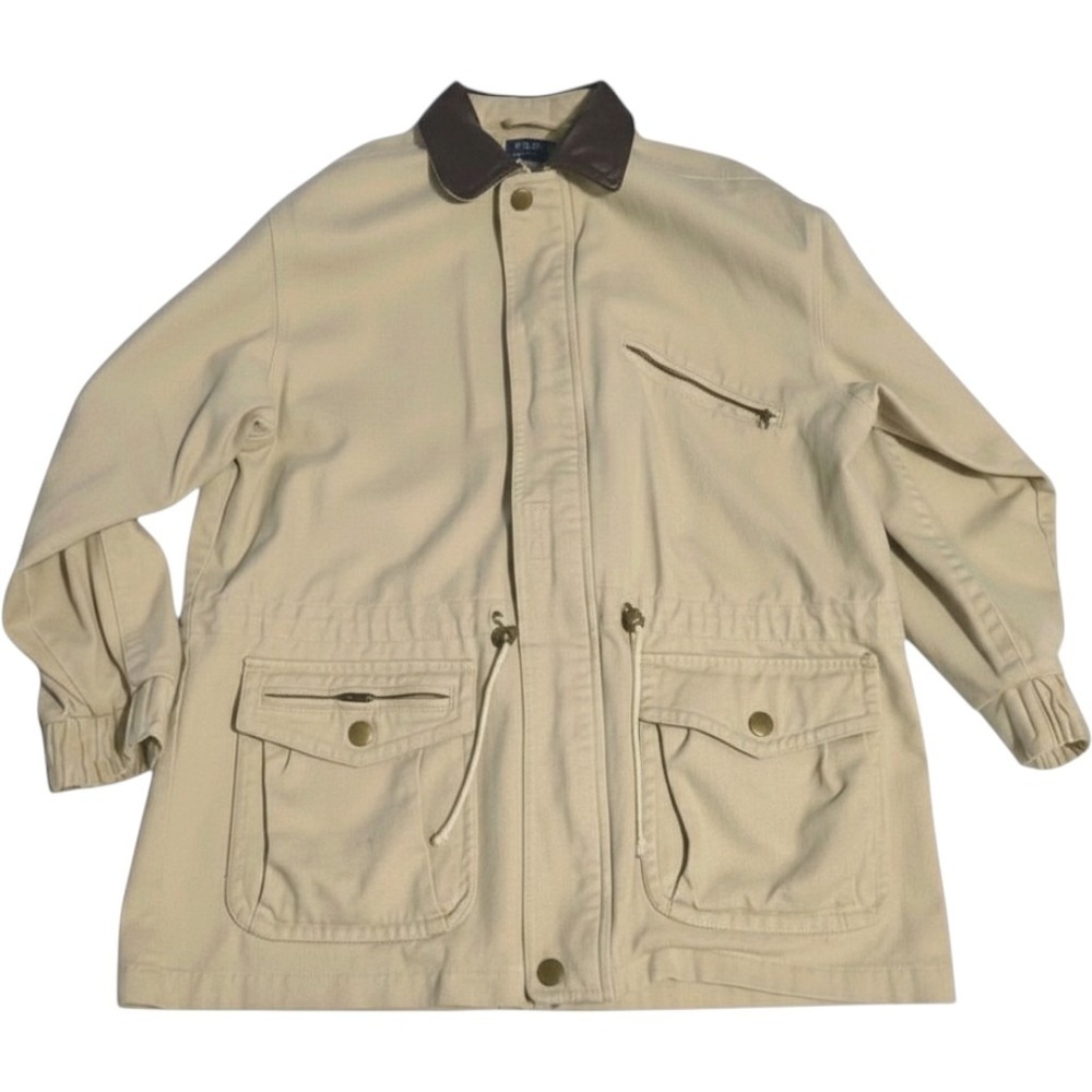 Vtg 90s Guess Canvas Chore Jacket L Barn Utility Field Coat Contrast Collar Tan
